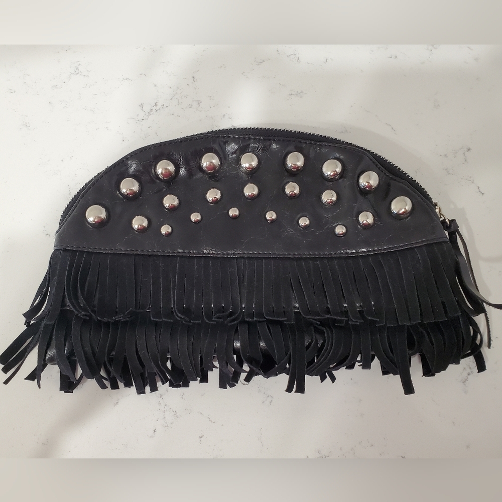 Black studded clutch with fringe
